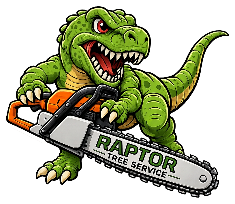 Raptor Tree Service mascot — a green raptor holding a chainsaw labeled Raptor Tree Service