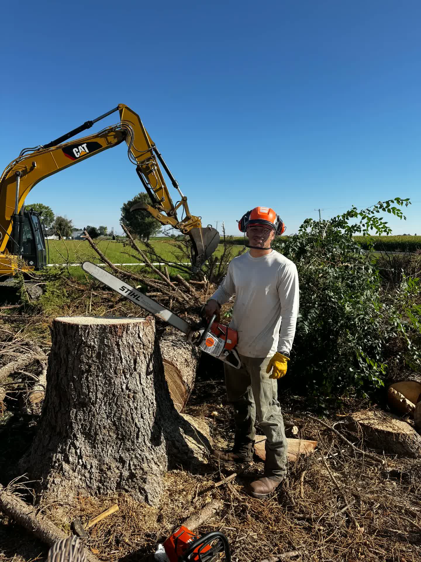 Crew member with a chainsaw beside a large stump and excavator during land clearing